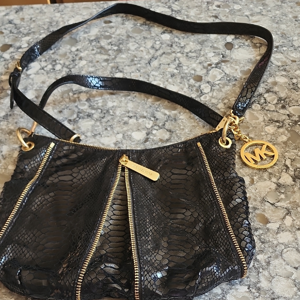 Michael Kors Black Snake-Embossed Leather Crossbody Bag with Gold Hardware